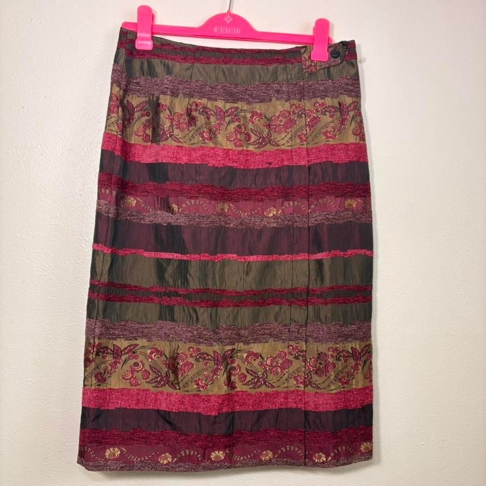 Vintage 90s Midi Boho Skirt Whimsical Earthy Embroidered Patchwork Size 12